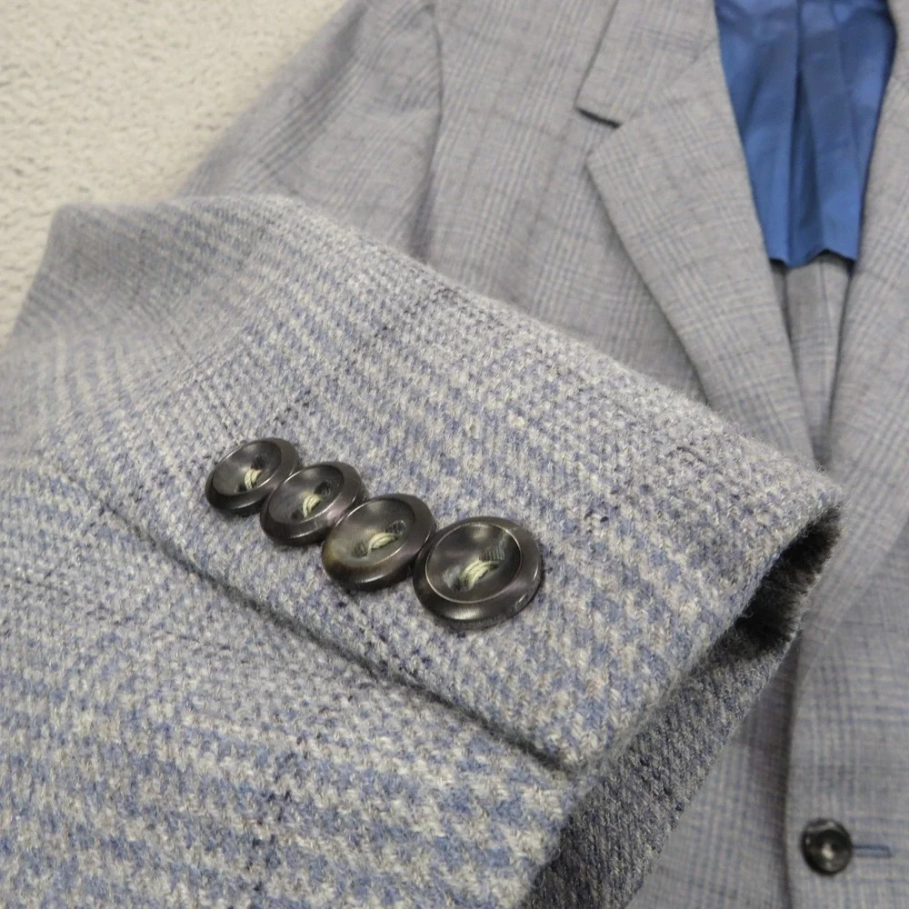 Oxxford Clothes Blazer 44L Super 100s Wool Windowpane Sport Coat Gray Mens